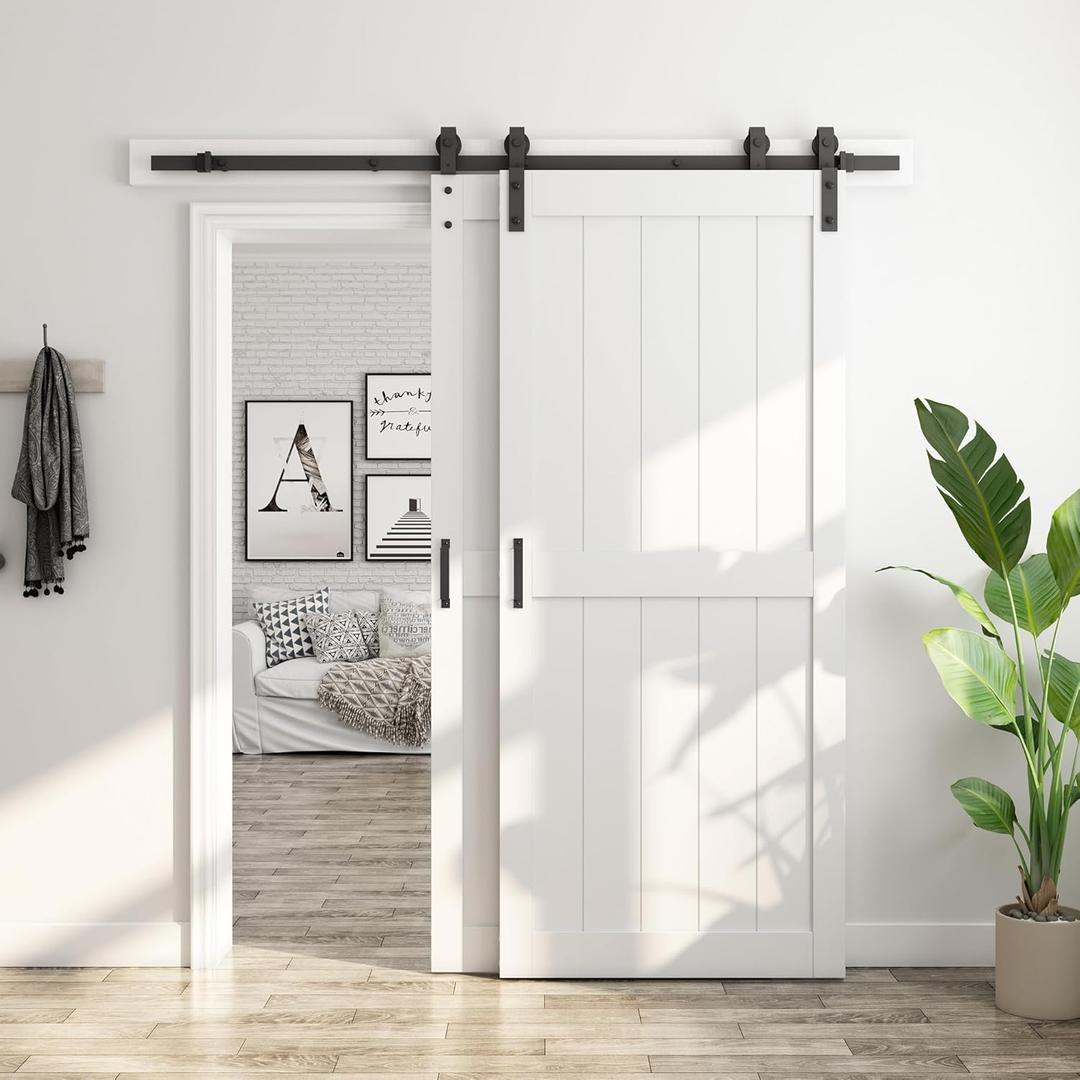 SmartStandard 42in x 96in Double MDF Sliding Barn Doors with 7FT Bypass Barn Door Hardware Kit, Save Space, Waterproof, Easy Install, Fit 72in-76in Openning, White