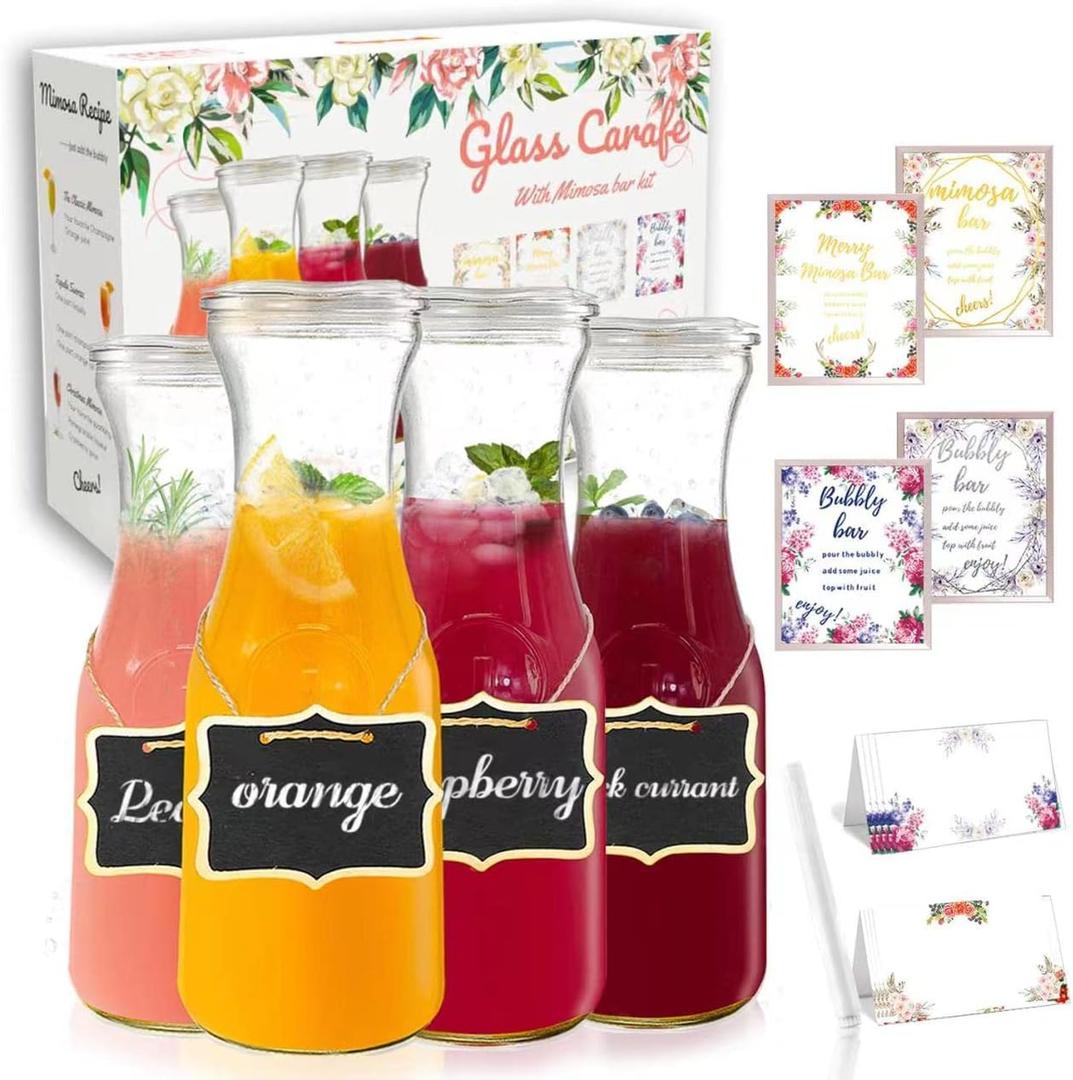 Set Of 4 Glass Carafes & Pitchers For Mimosa Bar Supplies, 1 Liter Beverage Glass Carafe With Lids For Wine,Brunch,Champagne,Lemonade,Milk,Iced Tea,Juice Pitcher & Container, Water Carafe With lid