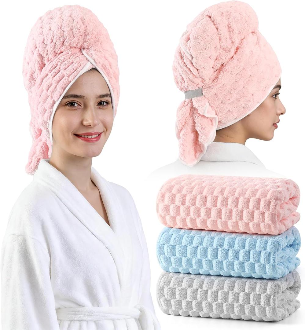 REDKISS 3 Pack Microfiber Hair Towels - Extra Large Hair Towel Wrap for Women, 24x42 inch Hair Towels with Elastic Strap, Super Soft Hair Drying Towels for Long, Thick, Curly Anti Frizz Turbans (Pink+grey+blue)