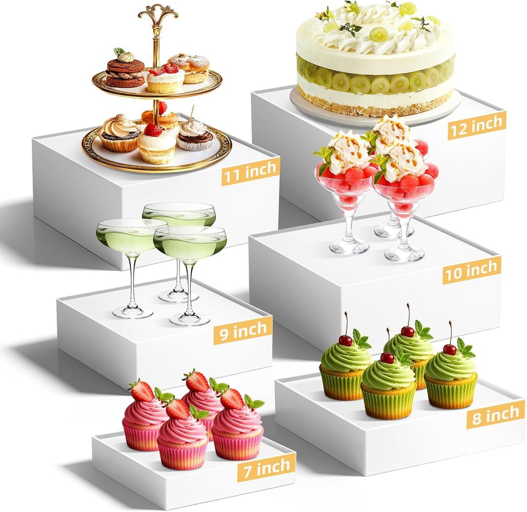 PPH-Sisy 6 Pcs Large Buffet Risers Display Stands Set 7" to 12"- Acrylic Food & Dessert Table Display Stand Shelf for Party, Catering, Jewelry, Collectibles, White Cube Storage Boxes