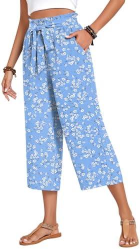Aodemo Women‘s Capri Pants Plus Size Wide Leg High Waist Tie Knot Pants Casual Palazzo Trousers with Pockets 2XL