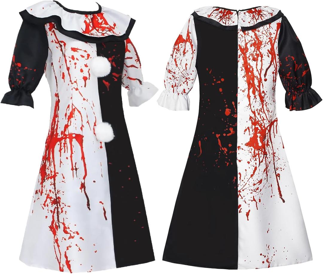 BICOPU Adult Black White Red Dress Womens Scary Killer Costume Horrible Movie Dresses Artthe Cosplay Halloween Outfits(White, S)