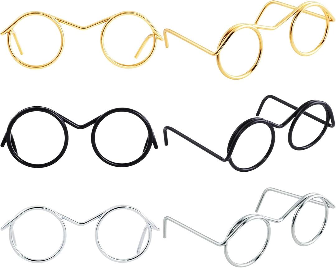6pcs Mini Metal Doll Glasses, Small Eyewear Wire Rim Toy Glasses, Doll Making Round Dress up Eyeglasses Decorative Accessories for Dog Cat Costume Cosplay DIY Crafts- Black & Gold & Silver