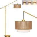 UpgradedArc Floor Lamp for Living Room, Boho Dimmable Swing Arm Floor Lamp with Rattan & Fabric Shades, Gold Rattan Standing Lamp with 11W Bulb, Farmhouse Adjustable Tall Lamp for Bedroom Office