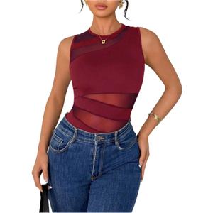 Milumia Women's Cut Out Sheer Mesh Bodysuit Top See Through Sleeveless Body Suits Going Out (Burgundy) M