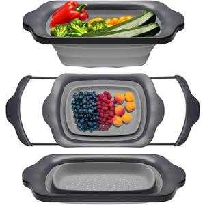 Comfify XL Large Kitchen Strainer - Collapsible Silicone Over-The-Sink Colander with Extendable Handles - Use with Pasta, Fruit, Berries & Veggie - 6 Quart - Gray