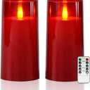 Raycare Flameless Electronic Pillar Candles with Remote Control and Timer- Battery Operated Realistic Flickering LED Fake Candle for Home, Wedding, Valentine's Day Decor, Red,Set of 2(3"x6"6")