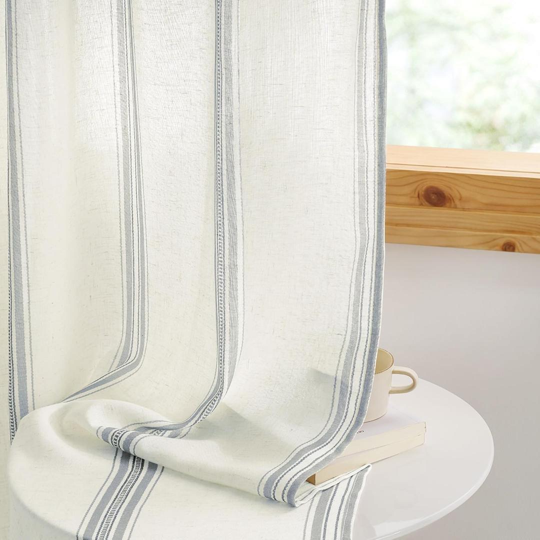 NICETOWN Extra Long Farmhouse Linen Curtains for Bedroom, French Blue Stripes, Privacy Light Filtering Drapes Rod Pocket Back Tab, Boho Chic Curtains for Living Room, 1 Pair, 52W x 84L