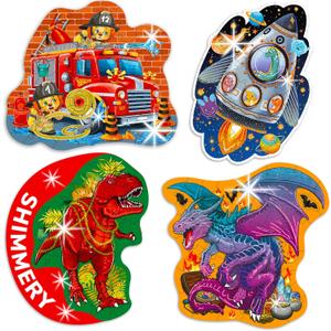 QUOKKA Shimmer Puzzles for Kids Ages 4-6  48 Piece Shaped Jigsaw Puzzles for Toddlers 3-5  4-Pack Dragon, Rocket, Firetruck & Dinosaur Children's Game Ages 4-8  Unique Gift Toy for Preschoolers