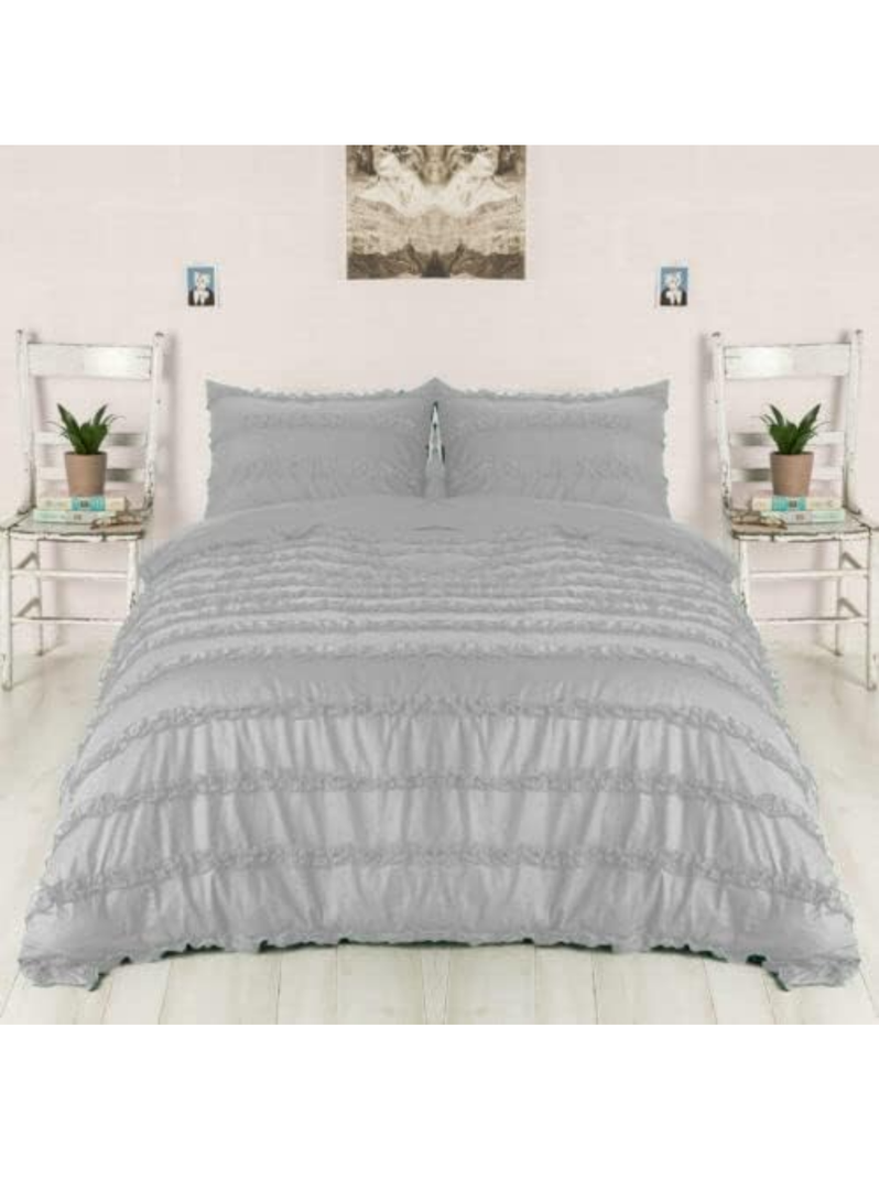 California Queen Size 3 Piece Ruffle Duvet Cover Set 100% Egyptian Cotton Duvet Cover & 2 Pillow Shams 1000 Thread Count Simple Style Soft Breathable Textured - Silver Grey