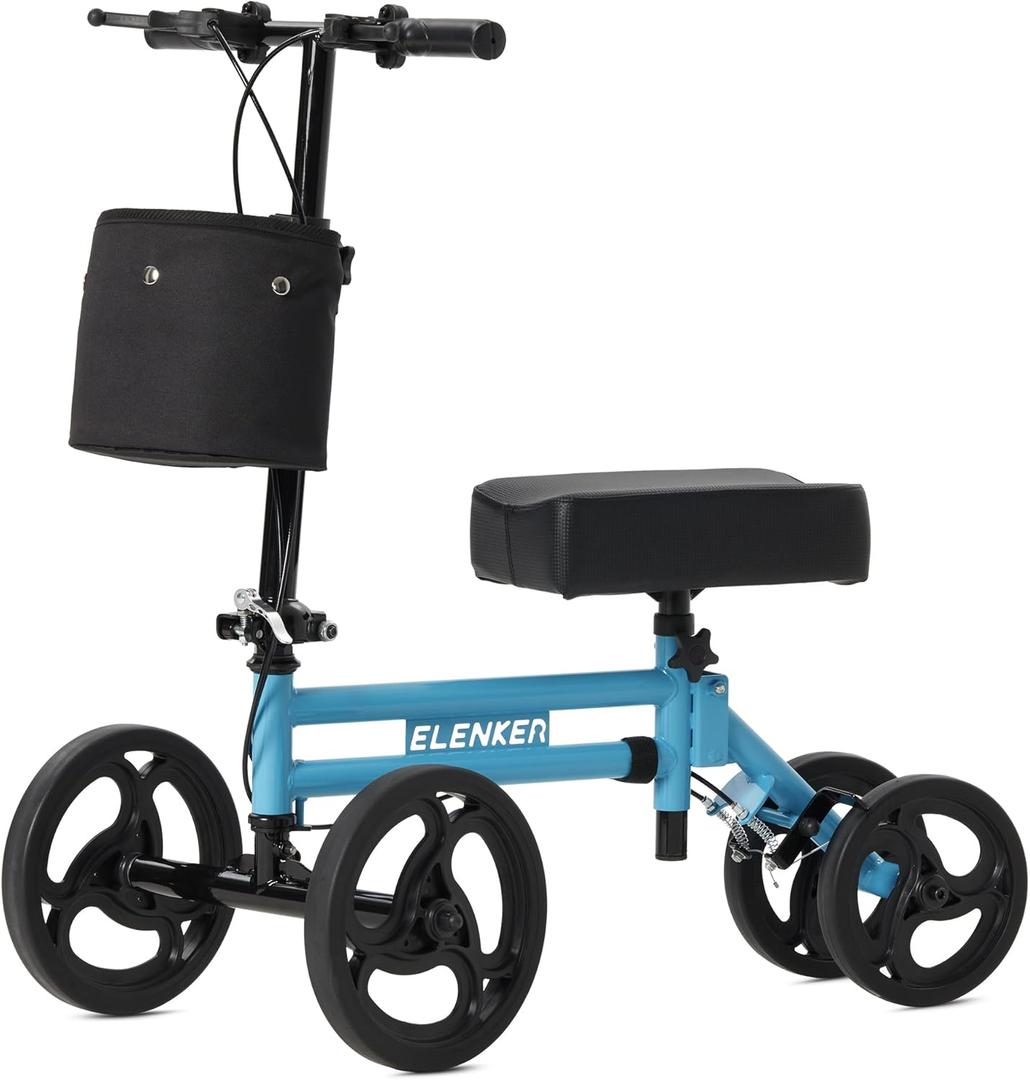 ELENKER Adjustable Steerable Knee Scooter for Foot Injuries Ankles Surgery Medical Knee Walker Crutches Alternative Light Blue