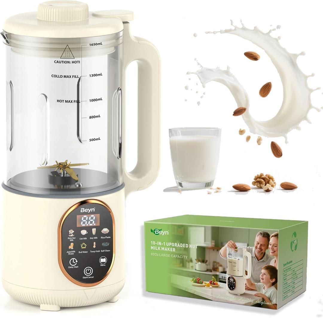 Beyn 10-in-1 Automatic Nut Milk Maker Machine, 60oz Large Capacity with Blades & Self-Cleaning. for Homemade Almond, Soy, Oat Milk, Milkshake (Cream)
