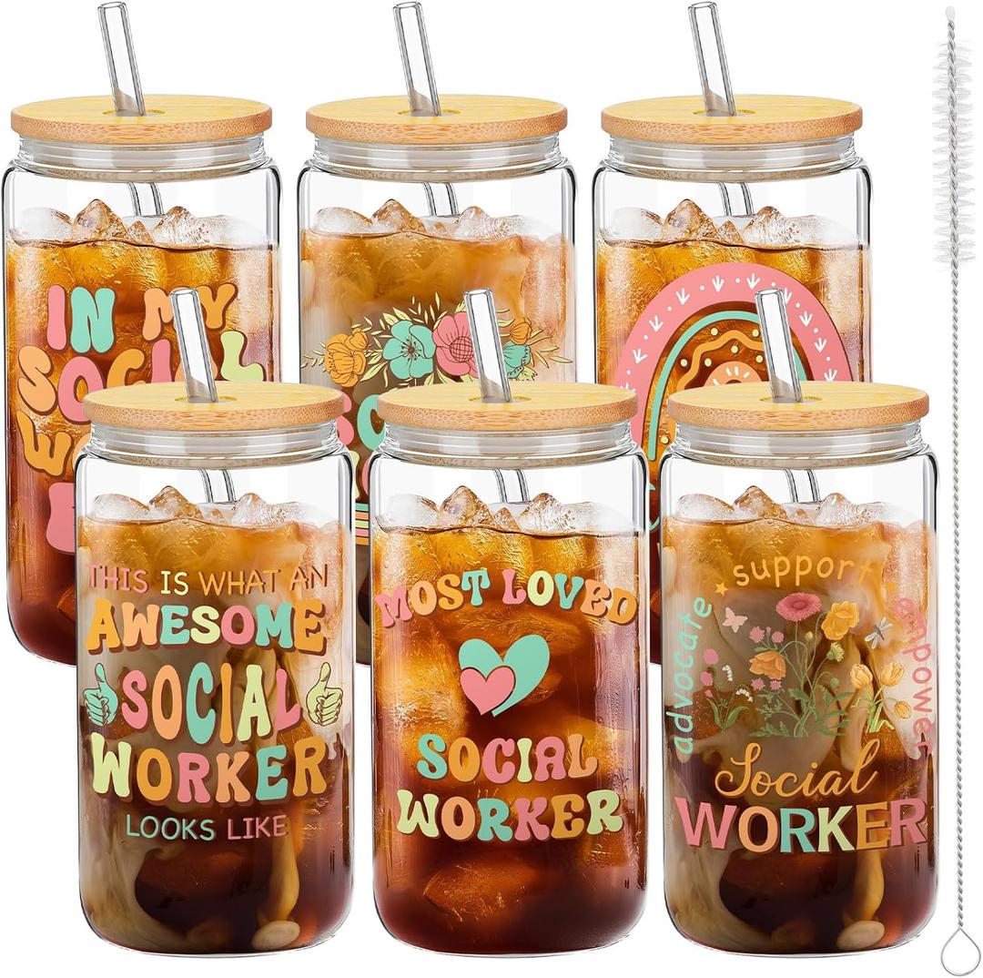 Honeydak 6 Set Social Worker Gifts Bulk Thank You Glasses Appreciation Cups with Straw Social Work Gifts for Women Men 16oz Mug Thank You Tumbler for Employee Coworkers Teachers Team Nurse