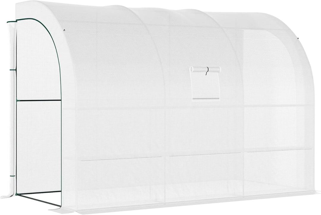 Outsunny 10' x 5' x 7' Lean to Greenhouse, Walk-in Green House, Plant Nursery with 2 Roll-up Doors and Windows, PE Cover and 3 Wire Shelves, White