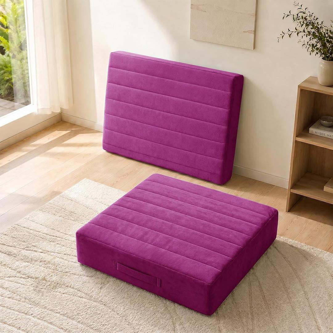 JKMAX 2 Pcs High Density Foam Floor Pillow - Upgraded Large Pillows Seating for Adults - Outdoor Floor Cushion with Soft Tufted Cover - Yoga Pillows for Sitting On Floor - 22 Inch Purple