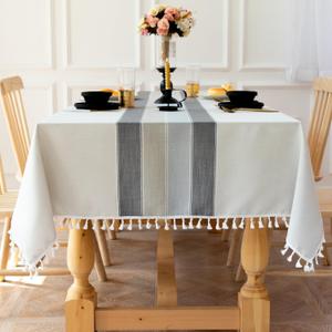 Laolitou Rustic Tablecloth Cotton Linen Waterproof Tablecloths Burlap Table Cloths for Kitchen Dining Cloth Table Cloth for Rectangle Tables Light Grey Stripes Rectangle,55''x70'',4-6 Seats