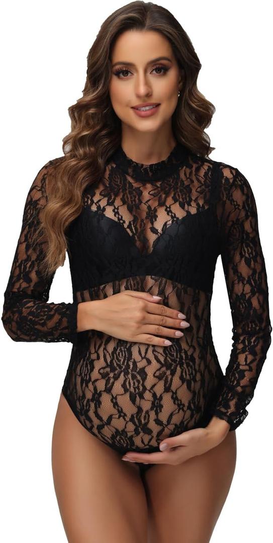 Women's Sheer Lace Maternity Bodysuit for Photoshoot Long Sleeve Turtleneck Floral Pregnancy Tops Jumpsuit (Black, M)
