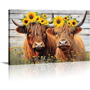 Highland Cow Canvas Wall Art Farmhouse Animal Painting Sunflower on Cow Head Picture Wood Background Poster Artwork for Bathroom Home Office Decor Framed - 16.00"x24.00"