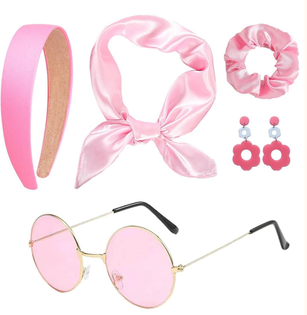 5 Pcs 60s 70s Women Hippie Disco Costume Accessories Set with Headband Earrings Sunglasses Silk Scarf (Pink)