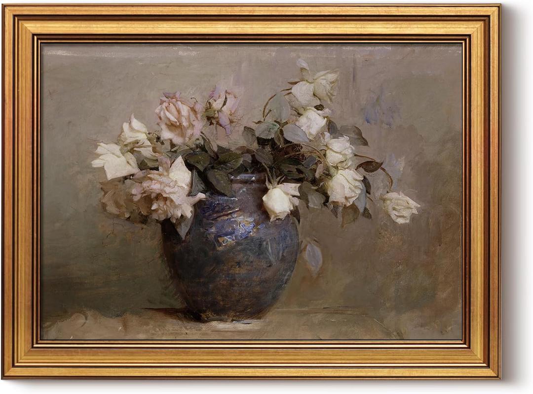 HUARCEY Gold Framed Canvas Wall Art Prints, Bathroom Vintage Decor Aesthetic, Classical Roses Floral Paintings Farmhouse Wall Decor, Retro Decoration for Bedroom Living Room, 12x16Inch