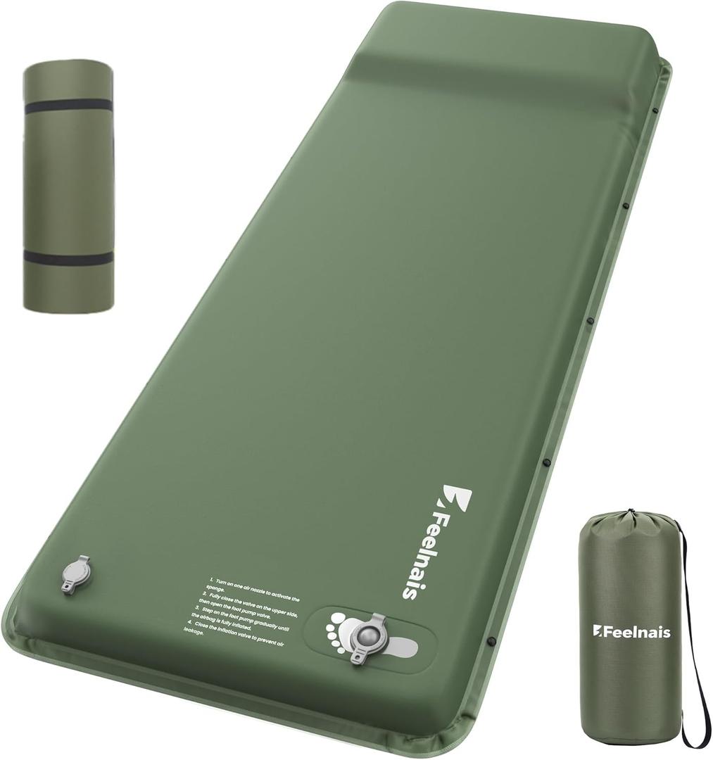 Camping Sleeping Pad, Built-in Foot Pump Inflatable Sleeping Pads, Memory Foam Mattress with Pillow, 4 Season Camping Mattress Pad, Camping Essentials Gear for Tent, Car, Hiking - Green