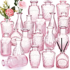Inbagi Glass Vase Set, 20 Pcs Vintage Flower Vases in Bulk, Different Shapes and Sizes, Pink, for Decorative Centerpieces, Rustic Home Christmas Decoration (Gradient Pink)