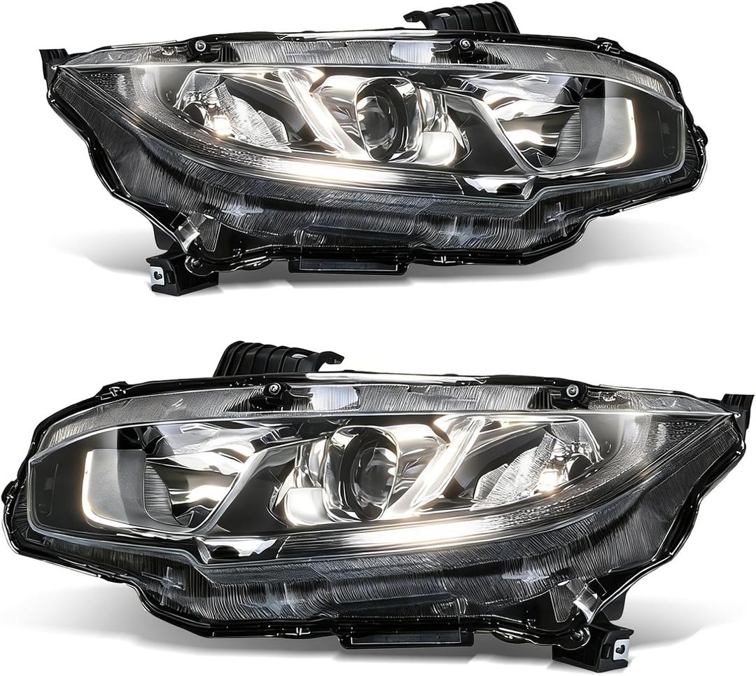 Munirater Driver & Passenger Side Chrome Projector Headlight Assembly Replacement for Civic 2016 2017 2018 Halogen Headlight