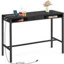 VASAGLE Bar Table with Power Outlets, 47.2 Inches Long Bar Height Pub Table, Rectangular High Top, with Movable Drawer, 2 Hooks, Narrow Storage for Kitchen, Dining, Entryway, Ebony Black