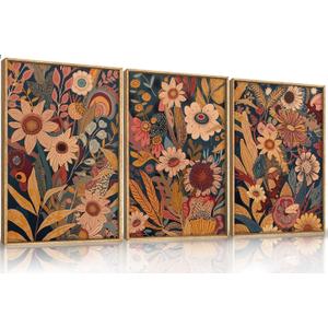 HOURIA Large Boho Floral Blossom Framed Canvas Wall Art Set,Retro Orange Flowers Bouquet Leaf Wall Decor,Vintage Botanical Artwork,Colorful Plant Art Print for Living Room,Bedroom,Office- 16"x24"x3