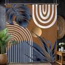 Abstract Navy Blue Brown Bathroom Shower Curtain 60W by 71H Inch Modern Minimalist Mid Century Plant Leaves Aesthetic Neutral Vintage Contemporary 12 Plastic Hooks Waterproof Decor