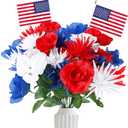 Sggvecsy 30 Pcs Patriotic Artificial Flowers Memorial Bouquet Fake Red White and Blue Cemetery Flowers with American Flags for Grave 4th of July Memorial Day Independence Day Veterans Home Decoration