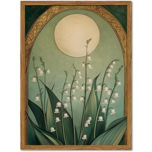 Framed Vintage Lily of the Valley Wall Art, Moody Boho Floral Moon Pictures Wall Decor, Mystical Emerald Green Botanical Paintings Canvas Prints Art Nouveau Home Decor for Living Room Bedroom 16x24in