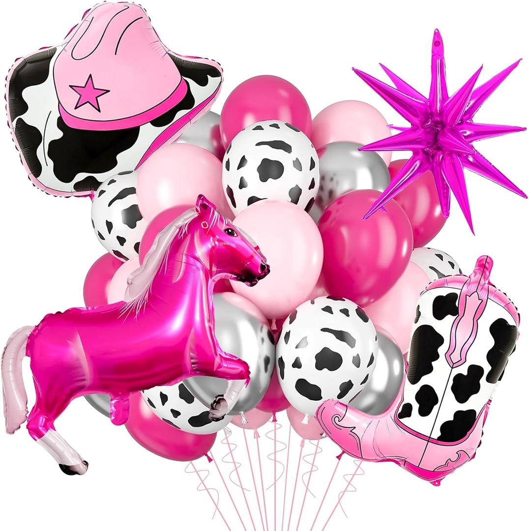 20Pcs Disco Cowgirl Balloons and Pink Foil Horse Balloon, 12 Inch Pink Cow Print Balloons for Disco Cowgirl Party Decorations, Western Cowgirl Birthday Decorations