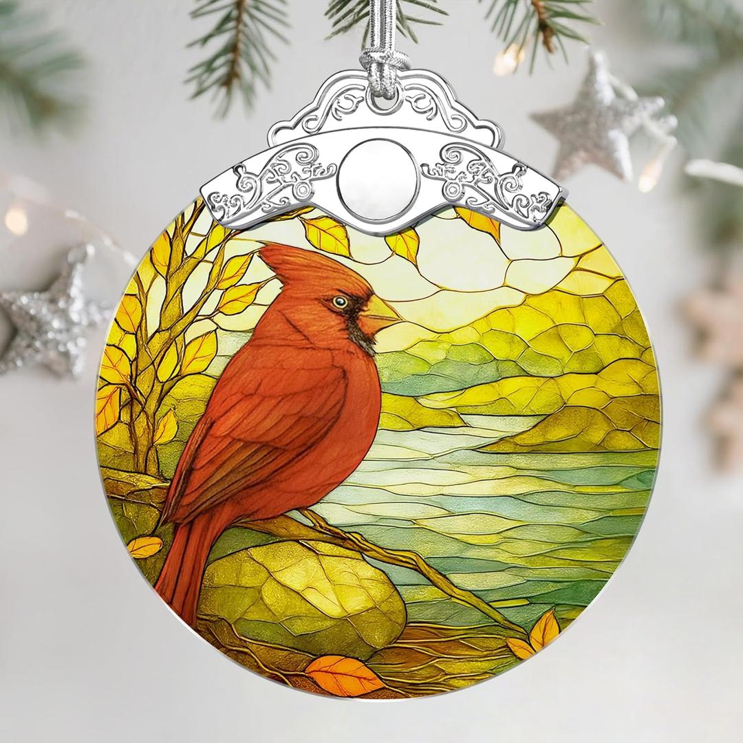 2 x Stained Glass Cardinal Ornament, Christmas Ornaments, Christmas Tree Ornaments, Holiday Ornament & Holiday Decor, Party Gifts for Bird Lovers & Cardinal Gifts
