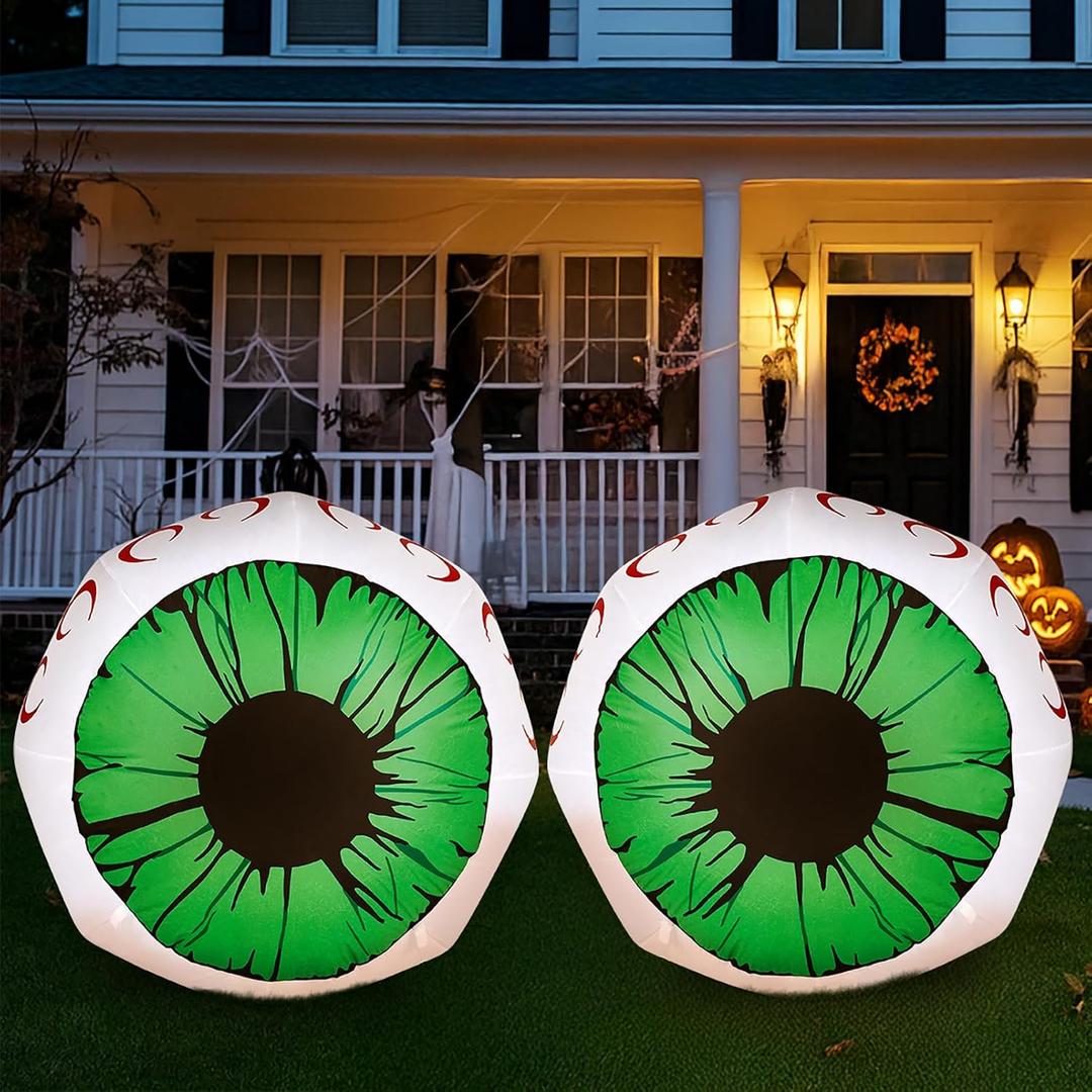 3 FT Large Halloween Inflatables Eyes Set, Outdoor Decoration Blow Up Green Eyes Yard, 2 Packs Inflatable Eyeball with LEDs, Party Supplies Garden Lawn Decor