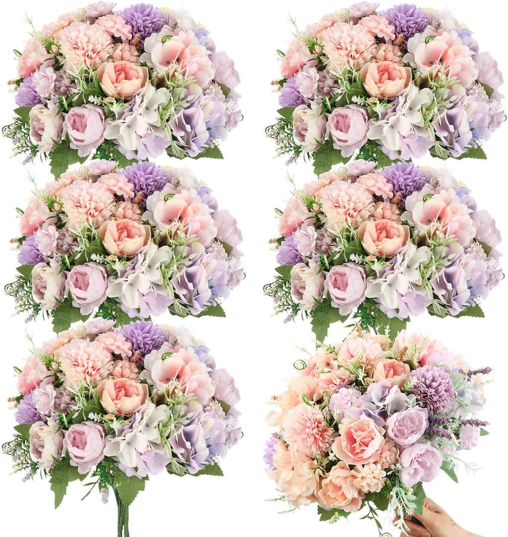 Tigeen Artificial Flowers Artificial Peonies Silk Flowers Faux Peony Fake Peony Silk Hydrangea Bouquet for Wedding Table Centerpiece Floral Vase Decor(Purple,Pink,6 Bundles)