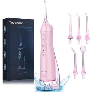 TOVENDOR Electric Water Flosser, Cordless Rechargeable Dental Oral Irrigator IPX7 Waterproof 300ML Travel Water Teeth Cleaner with 5 Tips for Braces Care Teeth Gums Cleaning, Home Office Daily Use (Pink)