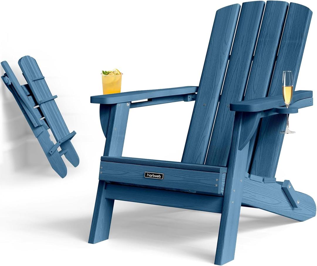 Folding Adirondack Chair with Wood Texture, HDPE All-Weather Fire Pit Chairs, Plastic Adirondack Chairs with 2 Cup Holder, Outdoor Lawn Chair for Patio Garden (Navy Blue)