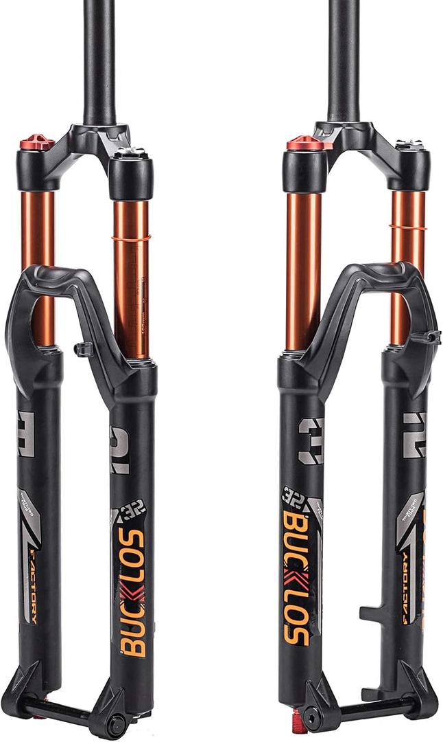 BUCKLOS 26/27.5/29 inch MTB Fork 120mm Travel, 1-1/8" Straight/Tapered Mountain Bike Fork Rebound Adjust, 15mm100mm Axle, Manual Lockout Air Shocks (Gold-Straight tube)