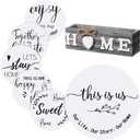 Queekay Housewarming Gifts New Home 1 Farmhouse Trivet for Hot Dishes and 5 Wooden Coasters Round Wood Hot Pads Set with Holder for Home Christmas Decoration 7" and 4"(Gray, White)