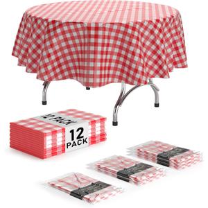 Exquisite Picnic Table Cover - 12 Pack Premium Round Tablecloth - Red & White Checkered BBQ Plastic Table Cover - Gingham Checkerboard Disposable Plastic Tablecloth 84 inch. Round