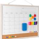 Dry Erase Calendar Whiteboard, 17" x 13" Magnetic Whiteboard Cork Board Combo, Reusable Monthly Planner with 8 Markers, Eraser, Magnets and Pushpins, Hanging Dry Erase Board for Home, School - White