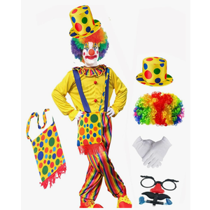 7pcs Clown Costume Set, Jumpsuit with Wig Bag Hat Gloves Glasses Holloween Adult Teens Clown Outfit Party Dress up L