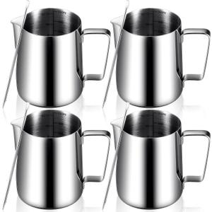 Dandat 4 Pcs Milk Frothing Pitcher 12 oz Espresso Steaming Pitcher Milk Frother Cup with Latte Art Pen Stainless Steel Coffee Bar Espresso Machine Accessories Cappuccino Barista Tools