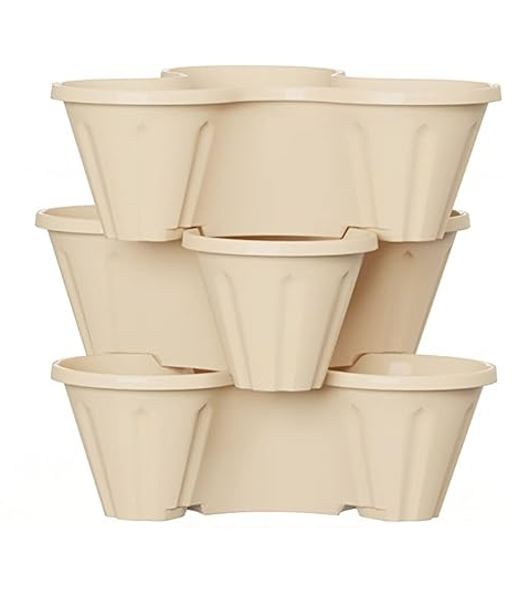 PURE GARDEN Set of 3 Stacking Planter Tower - 3-Tier Space Saving Flower Pots - Indoor/Outdoor Vertical Herb and Vegetable Planter (Beige)