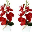 2 Pack Artificial Orchid Flowers with Vase,10 Inches Artificial Plant Bonsai Silk Flowers Butterfly Orchid with Pot for Wedding Office Home Decor Indoor Centerpieces (Red)