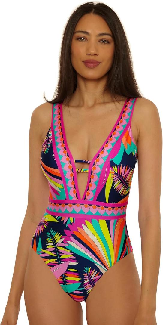 Trina Turk Paralia - Women's Plunge One Piece Swimsuit, Adjustable, Bathing Suits for Women, Multicolor, 10