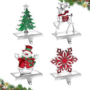 MERRI GLOW Christmas Stocking Holders for Mantle Set of 4, Heavy Duty 3D Stocking Stand Weighted Stocking Hooks Christmas Ornaments Decorations for Fireplace Tabletop (4PCS-Snowflake+Deer+Snowman+Tree)