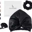 Anti-Slip Adjustable Real 22 Momme 100% Mulberry Silk Bonnet with Scrunchie for Sleeping Women, Double-Layered Silk Hair Bonnet for Curly Hair, One Size (21-24 inch Head Size), Black