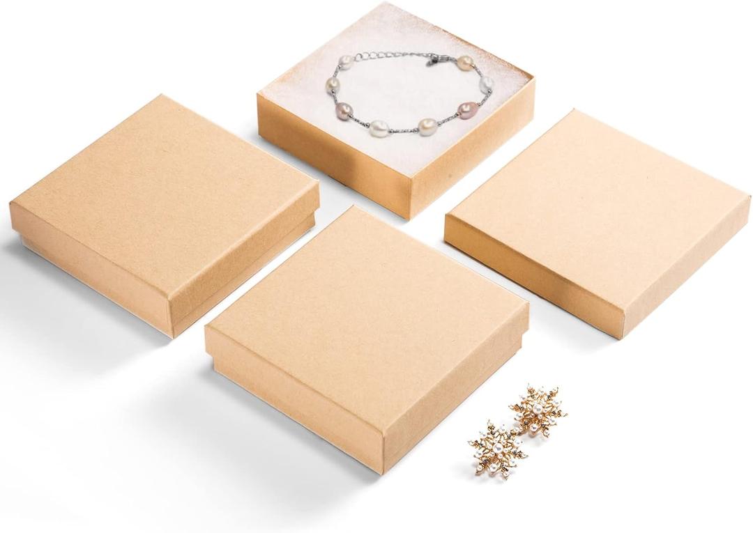 MESHA Jewelry Boxes Bulk 96PC, Matte Cardboard Gift Boxes, Cotton Filled Box with Lids, Brown 3.5x3.5x1 Inch, Bulk Square Small Kraft Gift Boxes